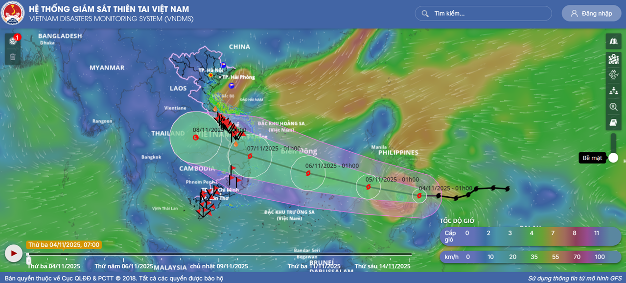 Ảnh chụp lúc 07 giờ ngày 4/11/2025 tại Hệ thống giám sát thiên tai Việt Nam