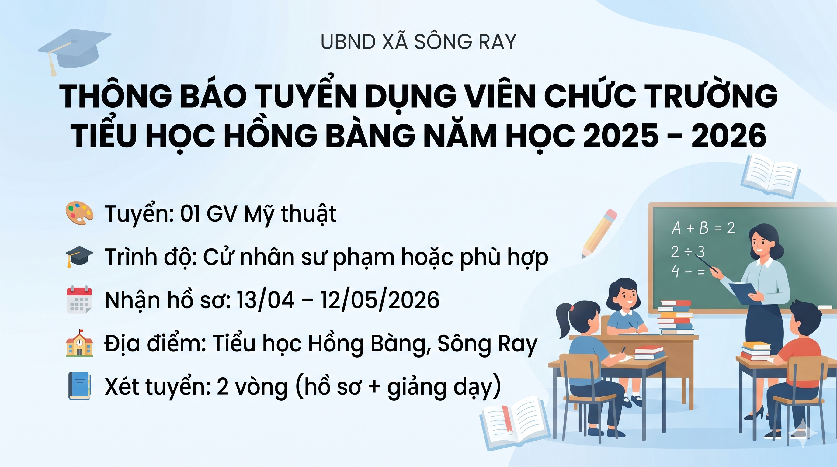 THÔNG BÁO TUYỂN DỤNG VIÊN CHỨC TRƯỜNG TIỂU HỌC HỒNG BÀNG NĂM HỌC 2025 – 2026