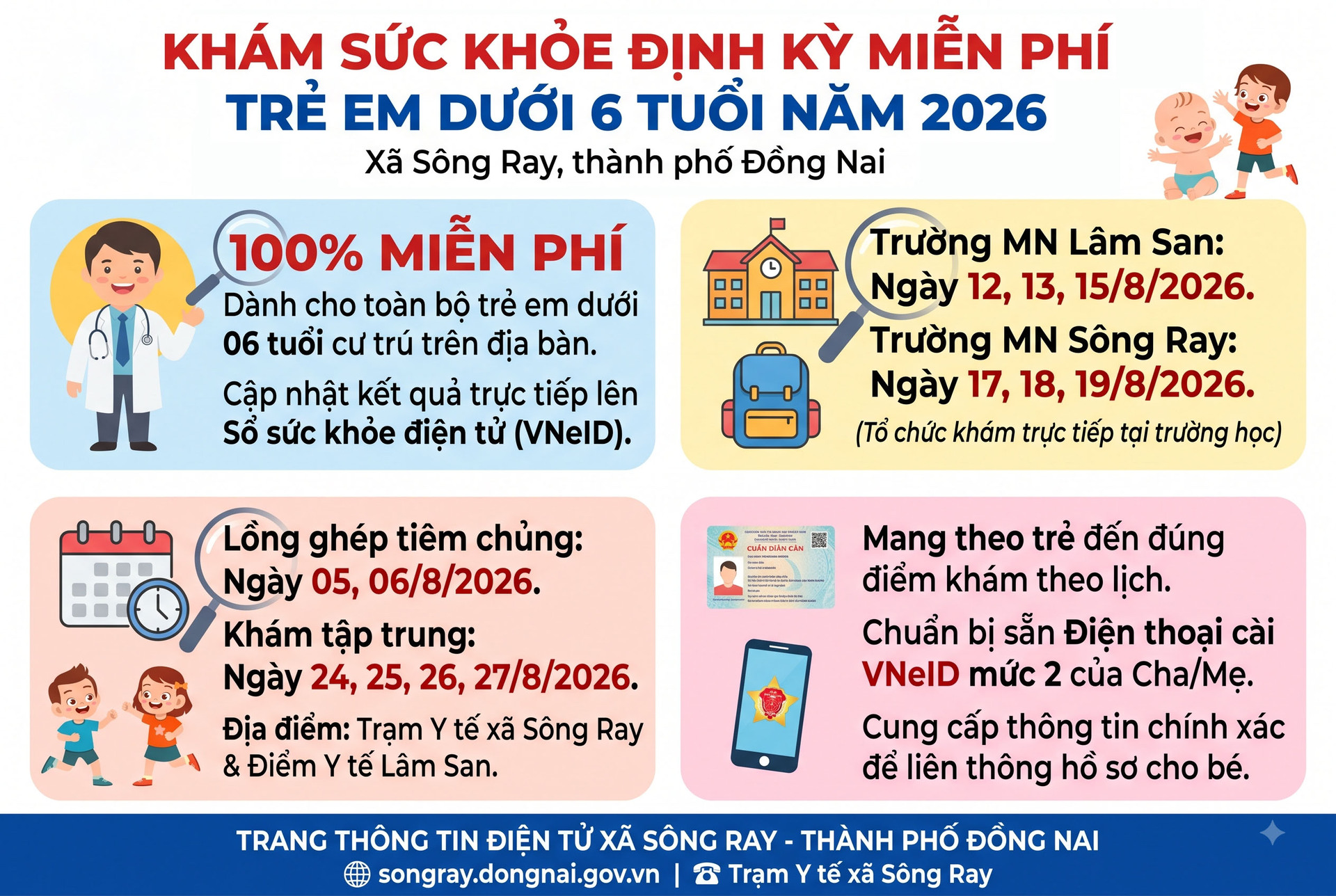 THÔNG BÁO TỔ CHỨC KHÁM SỨC KHỎE ĐỊNH KỲ MIỄN PHÍ CHO TRẺ EM DƯỚI 06 TUỔI TRÊN ĐỊA BÀN XÃ SÔNG RAY NĂM 2026