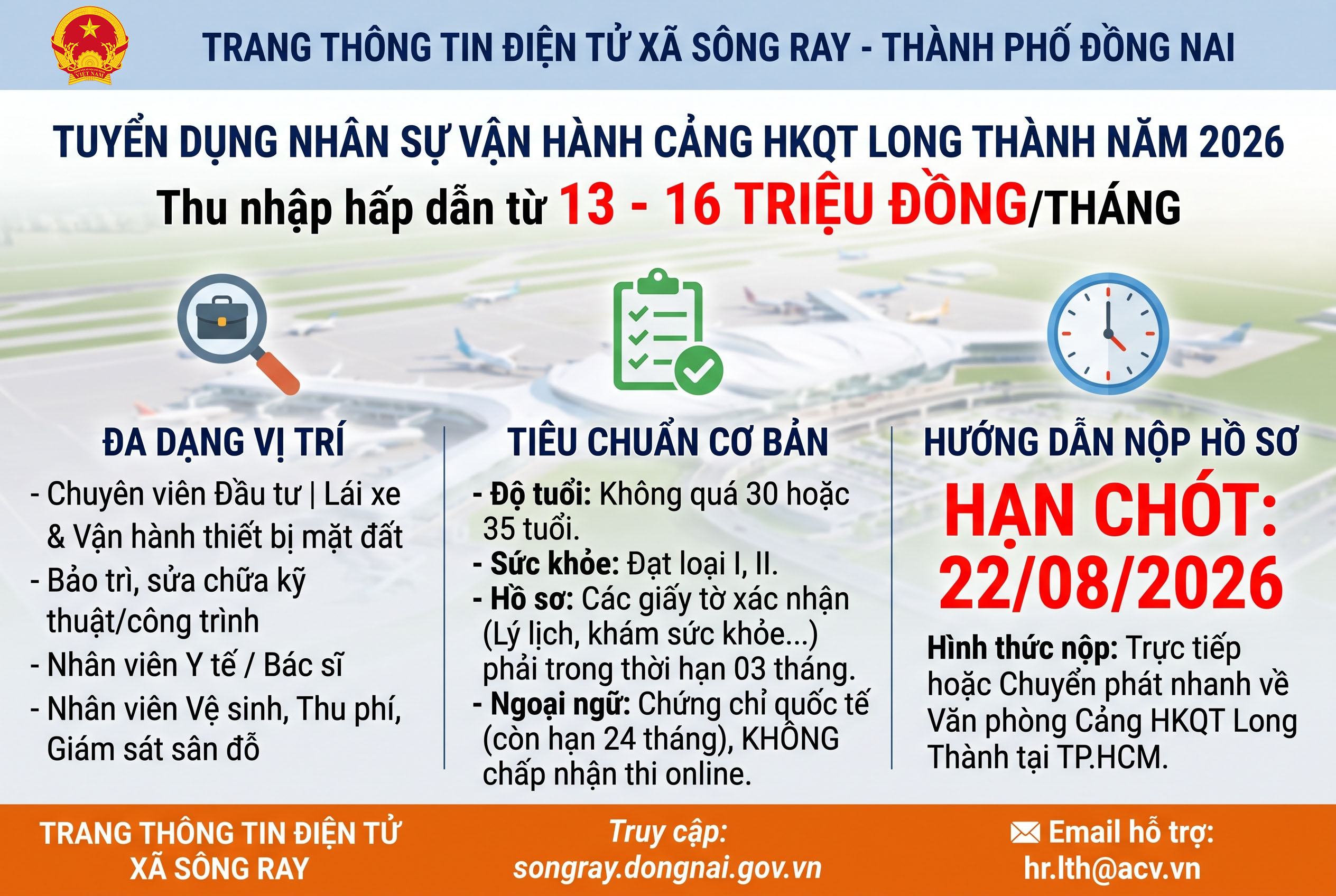THÔNG BÁO TIẾP TỤC TUYỂN DỤNG LAO ĐỘNG LÀM VIỆC TẠI CẢNG HKQT LONG THÀNH NĂM 2026