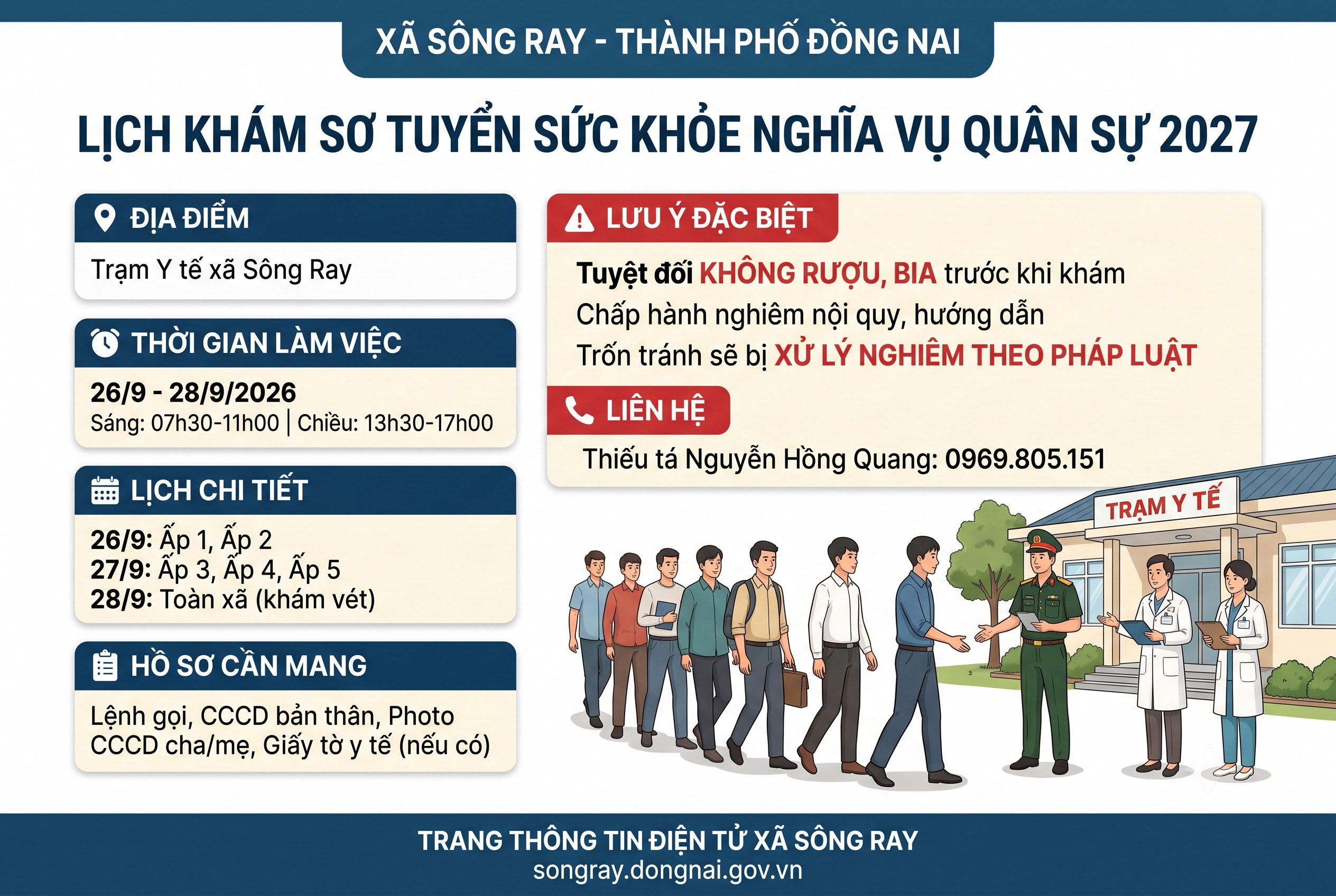 THÔNG BÁO KHÁM SƠ TUYỂN SỨC KHỎE NGHĨA VỤ QUÂN SỰ VÀ THỰC HIỆN NGHĨA VỤ THAM GIA CÔNG AN NHÂN DÂN NĂM 2027 - XÃ SÔNG RAY