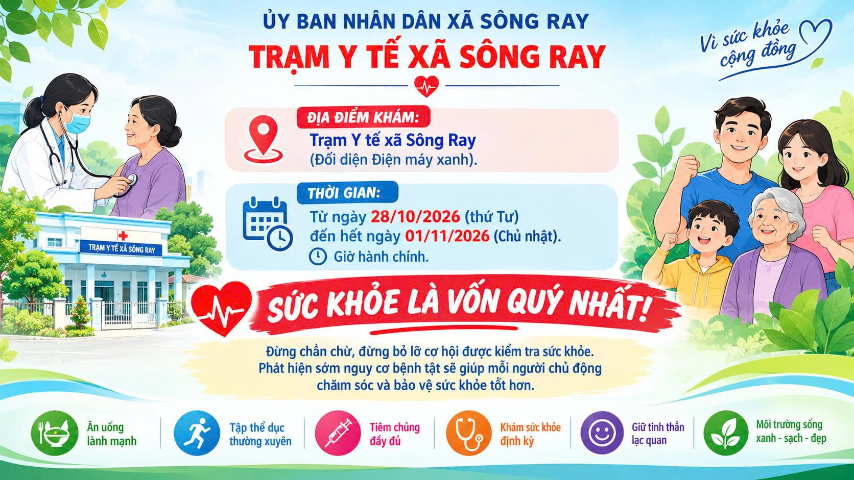 THÔNG BÁO TIẾP TỤC KHÁM SỨC KHỎE TOÀN DÂN XÃ SÔNG RAY